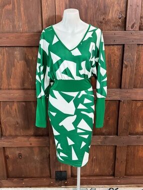 SHEIN Green and White Abstract V-Neck Midi Dress